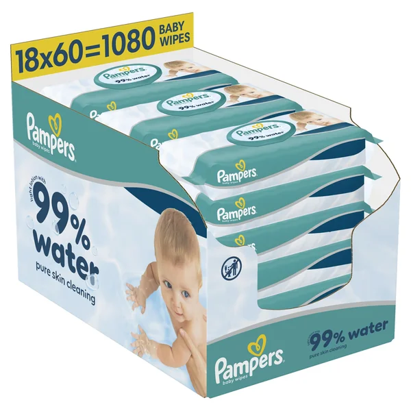 Pampers 99% Water Baby Wipes Plastic Free, 18 Packs of 60 Wipes = 1080 Baby Wet Wipes, Light Lotion with 99% Water