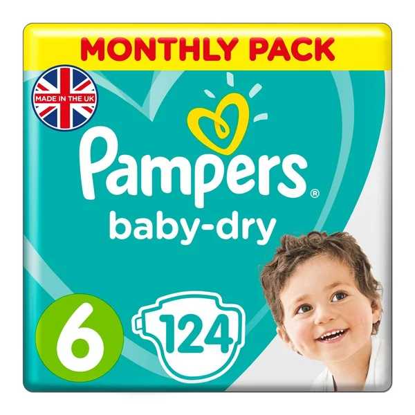 Pampers Baby Dry Nappies Size 6, Monthly 124 Pack
