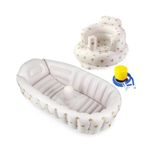 PandaEar 2Pack Baby Inflatable Bathtub & Baby Seat for Sitting Up 3 Months+, Portable Travel Inflatable Baby Chair, Infant Bath Tub and Chair with Built in Air Pump for Newborn