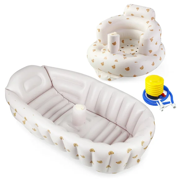 PandaEar 2Pack Baby Inflatable Bathtub & Baby Seat for Sitting Up 3 Months+, Portable Travel Inflatable Baby Chair, Infant Bath Tub and Chair with Built in Air Pump for Newborn