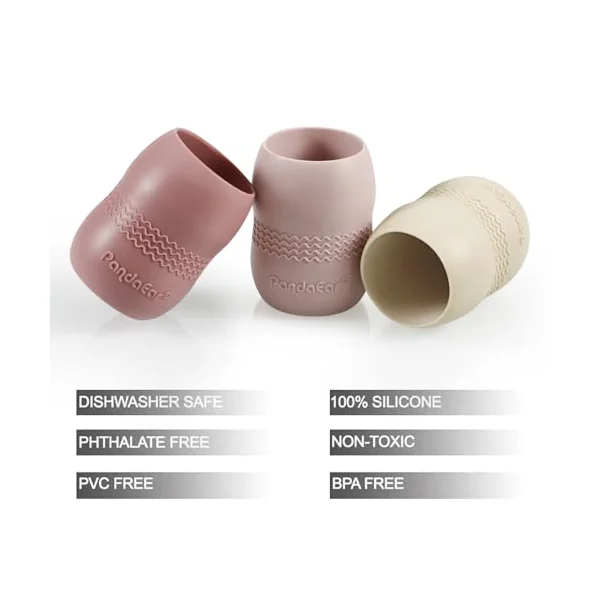 PandaEar 3 Pack Silicone Baby Training Cups, 104ml Tiny Open Cups for Baby Led Weaning (BLW), Easy-Grip Wave Texture for Infants 6+ Months, BPA-Free Food Grade (Dark Pink, Pale Pink & Linen)