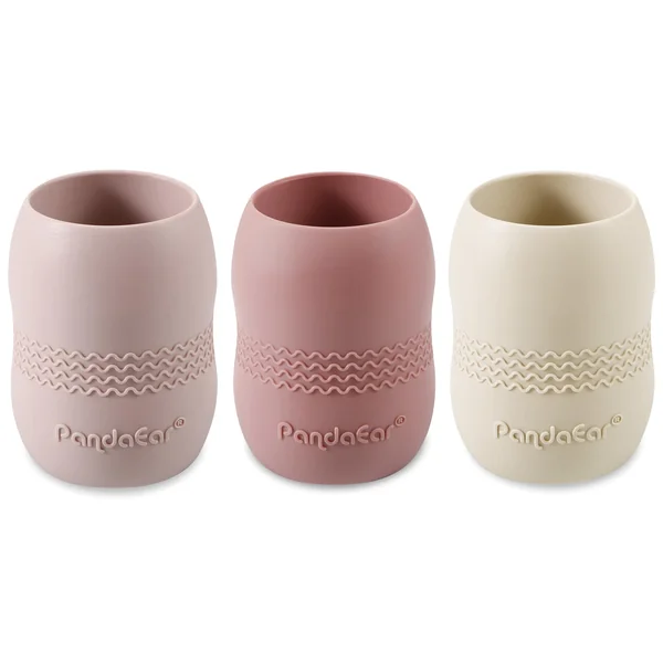PandaEar 3 Pack Silicone Baby Training Cups, 104ml Tiny Open Cups for Baby Led Weaning (BLW), Easy-Grip Wave Texture for Infants 6+ Months, BPA-Free Food Grade (Dark Pink, Pale Pink & Linen)