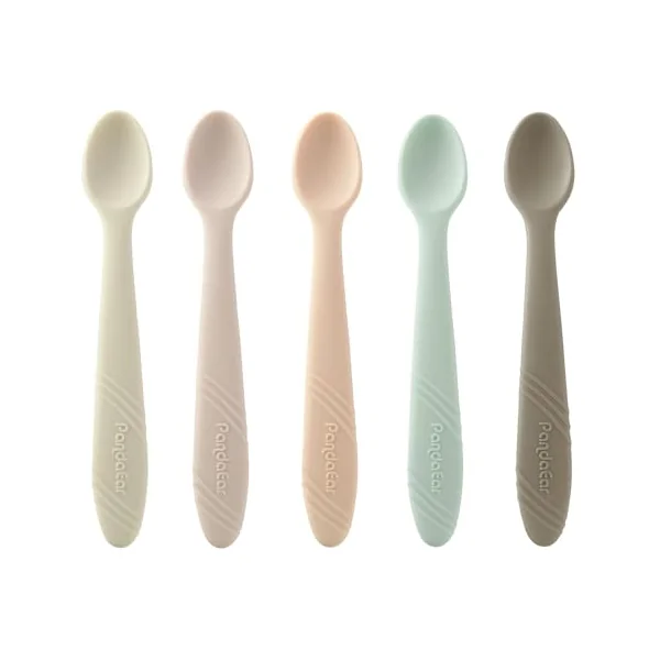 PandaEar 5 Pack Soft Silicone Baby Spoons, First Stage Training Spoons for Weaning & Self-Feeding, BPA-Free Gum-Friendly Teething Spoons, Muted Tones for Healthy Sight Development, 6.1" Long Handle