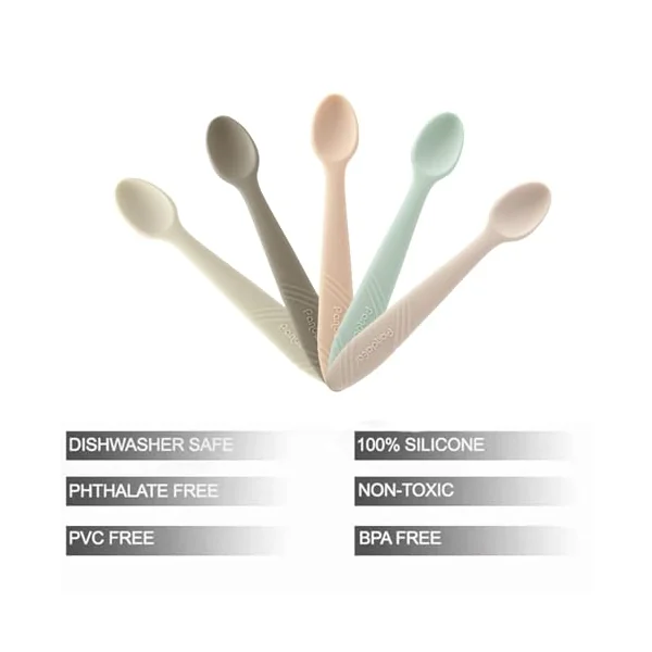 PandaEar 5 Pack Soft Silicone Baby Spoons, First Stage Training Spoons for Weaning & Self-Feeding, BPA-Free Gum-Friendly Teething Spoons, Muted Tones for Healthy Sight Development, 6.1" Long Handle