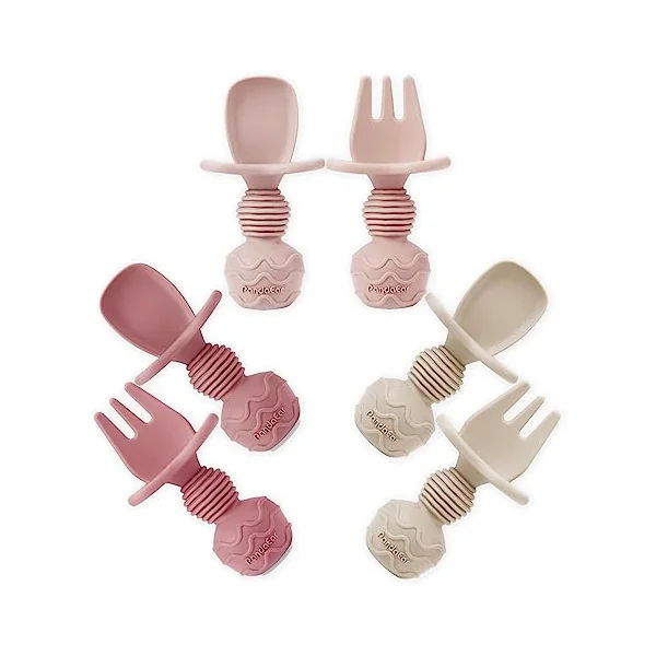 PandaEar 6 Pack Silicone Baby Spoons and Fork Feeding Set- Anti-Choke First Self Feeding Utensils for Baby Led Weaning Ages 3 Months -Pink