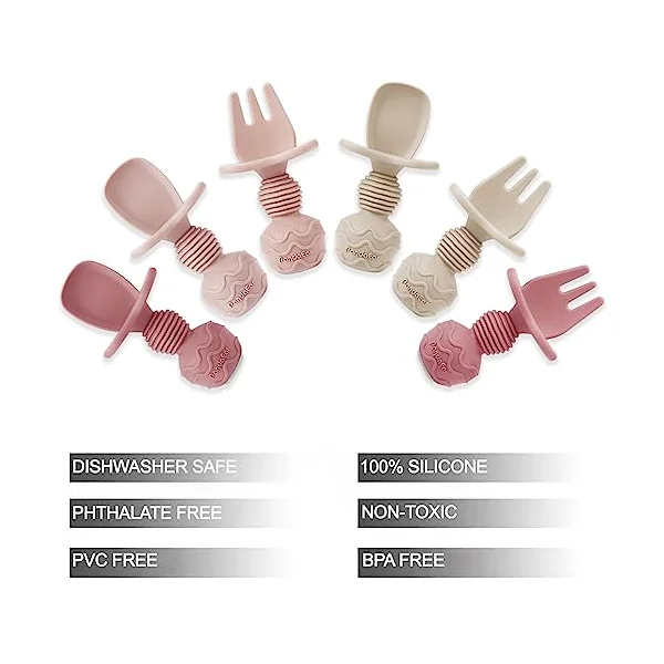PandaEar 6 Pack Silicone Baby Spoons and Fork Feeding Set- Anti-Choke First Self Feeding Utensils for Baby Led Weaning Ages 3 Months -Pink