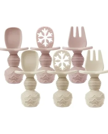 PandaEar 6 Pack Silicone Baby Spoons Forks Weaning Set, Short Toddler Cutlery with Anti-Choke Guard & Snowflake Pre-Spoon Dipper for Self Feeding, Stage 1 & 2 Infant Training Supplies(Pink & Linen)