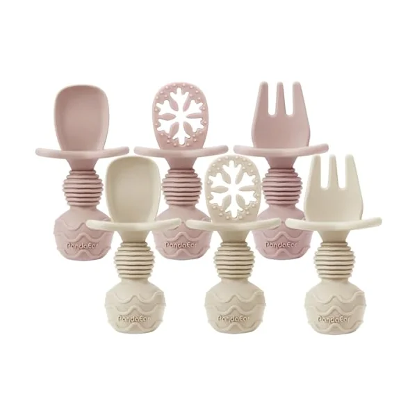 PandaEar 6 Pack Silicone Baby Spoons Forks Weaning Set, Short Toddler Cutlery with Anti-Choke Guard & Snowflake Pre-Spoon Dipper for Self Feeding, Stage 1 & 2 Infant Training Supplies(Pink & Linen)