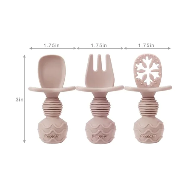 PandaEar 6 Pack Silicone Baby Spoons Forks Weaning Set, Short Toddler Cutlery with Anti-Choke Guard & Snowflake Pre-Spoon Dipper for Self Feeding, Stage 1 & 2 Infant Training Supplies(Pink & Linen)