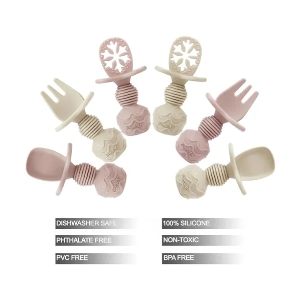 PandaEar 6 Pack Silicone Baby Spoons Forks Weaning Set, Short Toddler Cutlery with Anti-Choke Guard & Snowflake Pre-Spoon Dipper for Self Feeding, Stage 1 & 2 Infant Training Supplies(Pink & Linen)