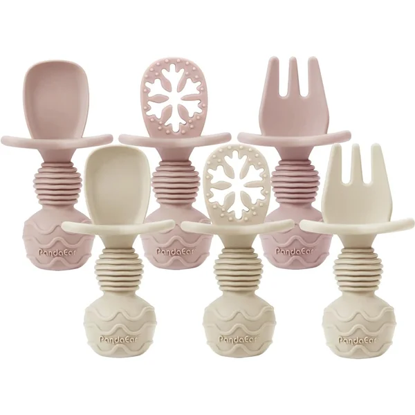 PandaEar 6 Pack Silicone Baby Spoons Forks Weaning Set, Short Toddler Cutlery with Anti-Choke Guard & Snowflake Pre-Spoon Dipper for Self Feeding, Stage 1 & 2 Infant Training Supplies(Pink & Linen)