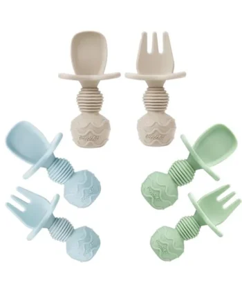 PandaEar 6 Pack Silicone Baby Weaning Spoons and Forks Set| Toddler Cutlery Self Feeding Spoons for Baby| Anti-Choke Design for Baby Led Weaning 3 Months Plus (Blue Green Tan)