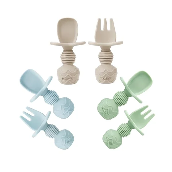 PandaEar 6 Pack Silicone Baby Weaning Spoons and Forks Set| Toddler Cutlery Self Feeding Spoons for Baby| Anti-Choke Design for Baby Led Weaning 3 Months Plus (Blue Green Tan)
