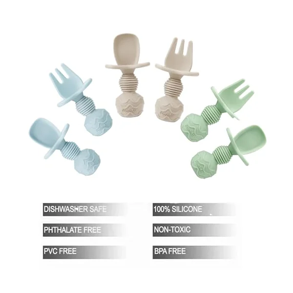 PandaEar 6 Pack Silicone Baby Weaning Spoons and Forks Set| Toddler Cutlery Self Feeding Spoons for Baby| Anti-Choke Design for Baby Led Weaning 3 Months Plus (Blue Green Tan)