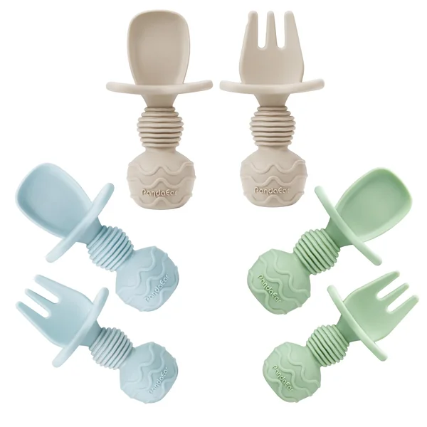PandaEar 6 Pack Silicone Baby Weaning Spoons and Forks Set| Toddler Cutlery Self Feeding Spoons for Baby| Anti-Choke Design for Baby Led Weaning 3 Months Plus (Blue Green Tan)