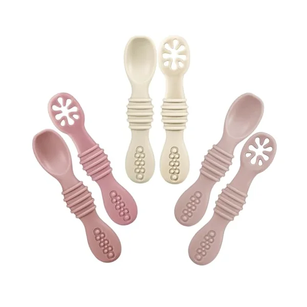 PandaEar Silicone Baby Spoons Self Feeding 4 6 Months| 6 Pack Baby Weaning Spoons| Toddler Baby Feeding Spoon| Blw Spoons Baby Utensils| BPA Free (Pink/Light Pink/Beige)