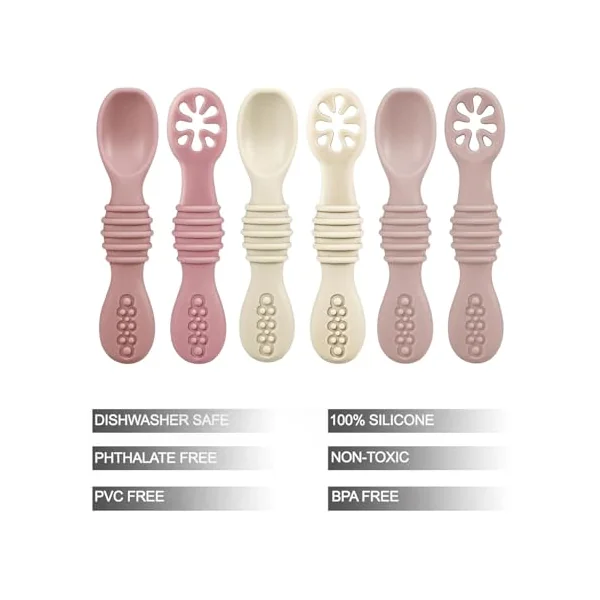 PandaEar Silicone Baby Spoons Self Feeding 4 6 Months| 6 Pack Baby Weaning Spoons| Toddler Baby Feeding Spoon| Blw Spoons Baby Utensils| BPA Free (Pink/Light Pink/Beige)