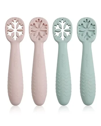 PandaEar Snowflake Design Baby Spoon Set (4 Pack)|BPA Free Stage One Silicone Self Feeding Utensil| Baby Led Weaning|Teething Friendly|Kids Toddlers 6 Months+ (Pink/Green)