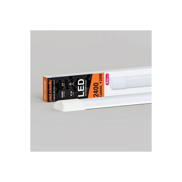 paul russells 2ft LED Batten Tube Lights, 20W 2400 Lumens, IP20, 4000K Cool White, Ultra Slim, Pack of 1