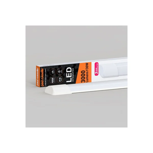 paul russells 4 ft LED Batten Tube Lights, 30W 3000 Lumens, IP20, 4000K Cool White, Ultra Slim, Pack of 1