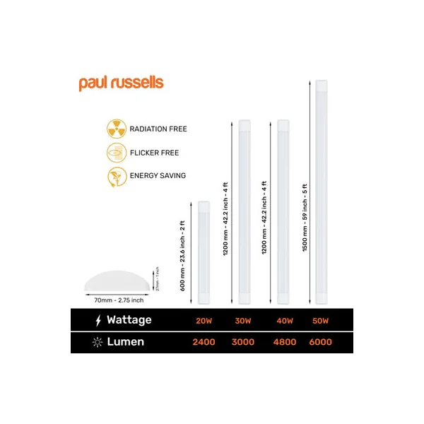 paul russells 4 ft LED Batten Tube Lights, 30W 3000 Lumens, IP20, 4000K Cool White, Ultra Slim, Pack of 1