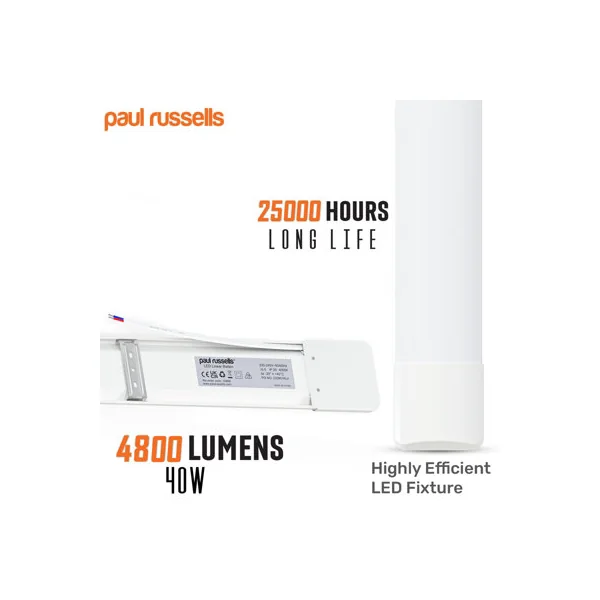 paul russells 4 ft LED Batten Tube Lights, 40W 4800 Lumens, IP20, 4000K Cool White, Ultra Slim, Pack of 2