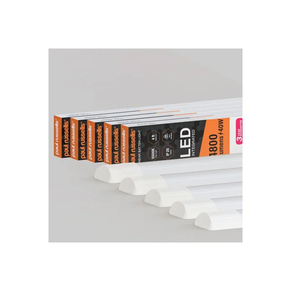 paul russells 4 ft LED Batten Tube Lights, 40W 4800 Lumens, IP20, 6500K Day Light, Ultra Slim, Pack of 5