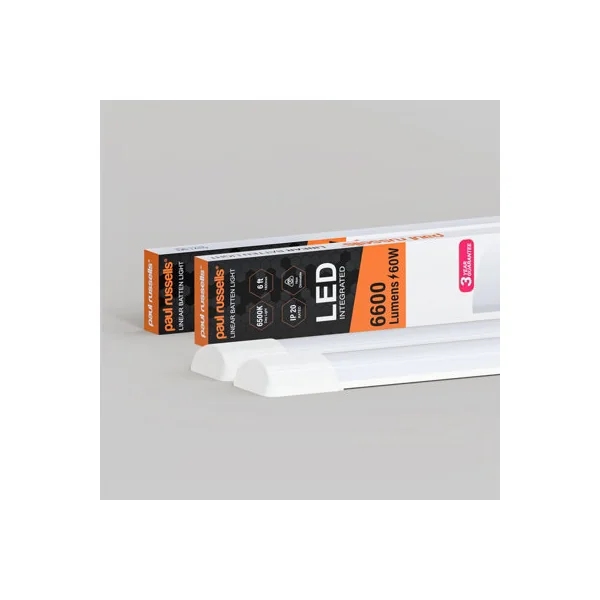 paul russells 6ft LED Batten Tube Lights, 60W 6600 Lumens, IP20, 6500K Day Light, Ultra Slim, Pack of 2
