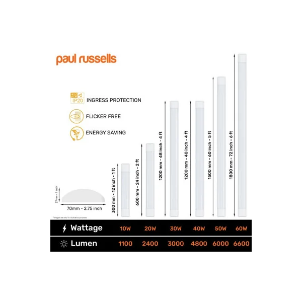 paul russells 6ft LED Batten Tube Lights, 60W 6600 Lumens, IP20, 6500K Day Light, Ultra Slim, Pack of 2