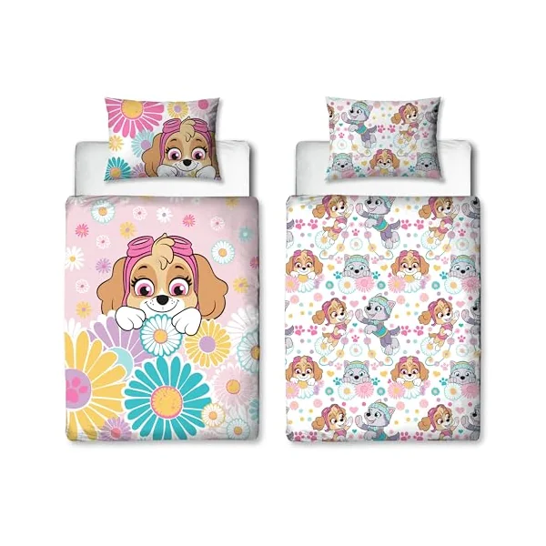 PAW PATROL Childs Toddler Cot Bed Duvet Cover | Flowers and Skye Design Reversible 2 Sided bedding with Matching Pillowcase, Polycotton