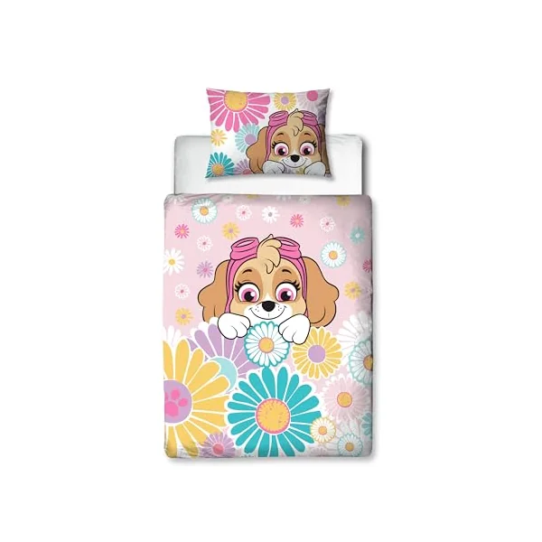 PAW PATROL Childs Toddler Cot Bed Duvet Cover | Flowers and Skye Design Reversible 2 Sided bedding with Matching Pillowcase, Polycotton