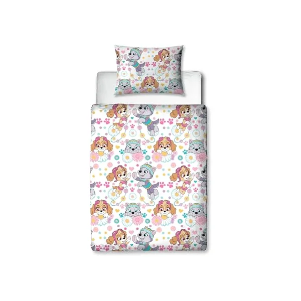 PAW PATROL Childs Toddler Cot Bed Duvet Cover | Flowers and Skye Design Reversible 2 Sided bedding with Matching Pillowcase, Polycotton