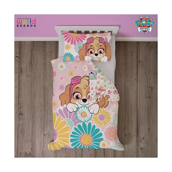PAW PATROL Childs Toddler Cot Bed Duvet Cover | Flowers and Skye Design Reversible 2 Sided bedding with Matching Pillowcase, Polycotton