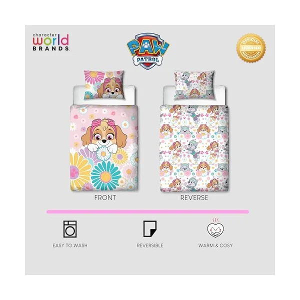PAW PATROL Childs Toddler Cot Bed Duvet Cover | Flowers and Skye Design Reversible 2 Sided bedding with Matching Pillowcase, Polycotton