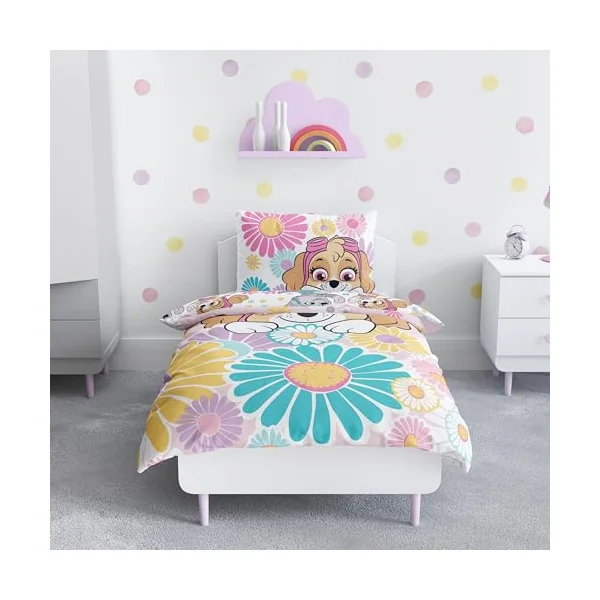 PAW PATROL Childs Toddler Cot Bed Duvet Cover | Flowers and Skye Design Reversible 2 Sided bedding with Matching Pillowcase, Polycotton