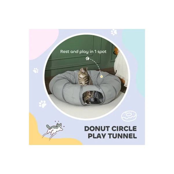 PawHut 2 in 1 Cat Tunnel with Bed, Cat Play Tunnel for Indoor Cats, Grey
