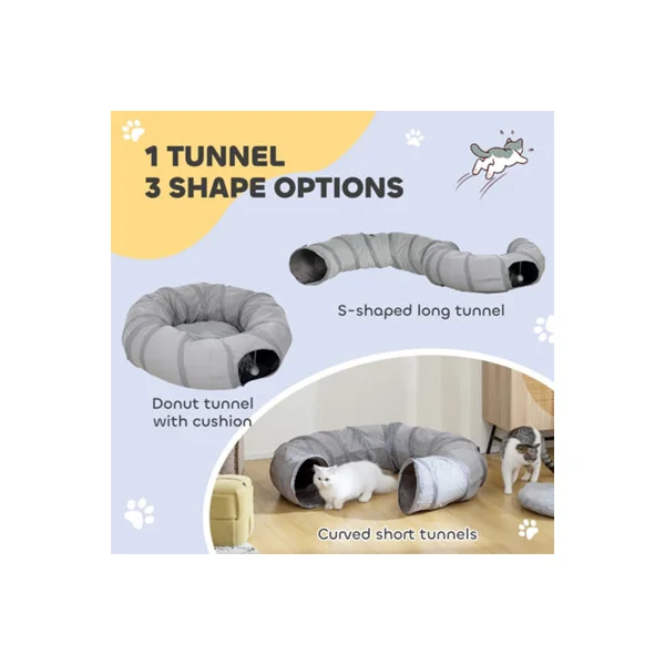 PawHut 2 in 1 Cat Tunnel with Bed, Cat Play Tunnel for Indoor Cats, Grey