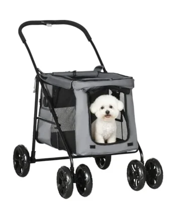 PawHut Dog Pram 4 Wheels Pet Pushchair for Medium Breeds Grey | Dog Stroller, Rolling Door, Cushion, Safety Leashes