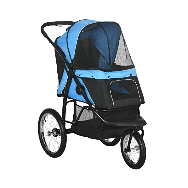 PawHut Dog Pram Dog Stroller Foldable for Medium, Small Breeds Blue | Jogger, Pet Pushchair, Rubber Wheels, Washable Cushion