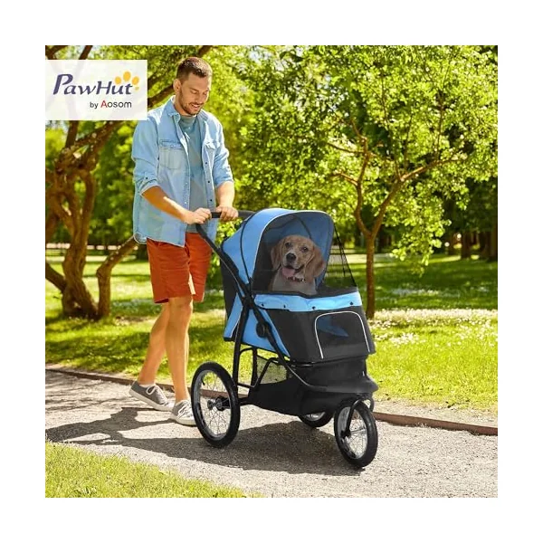 PawHut Dog Pram Dog Stroller Foldable for Medium, Small Breeds Blue | Jogger, Pet Pushchair, Rubber Wheels, Washable Cushion