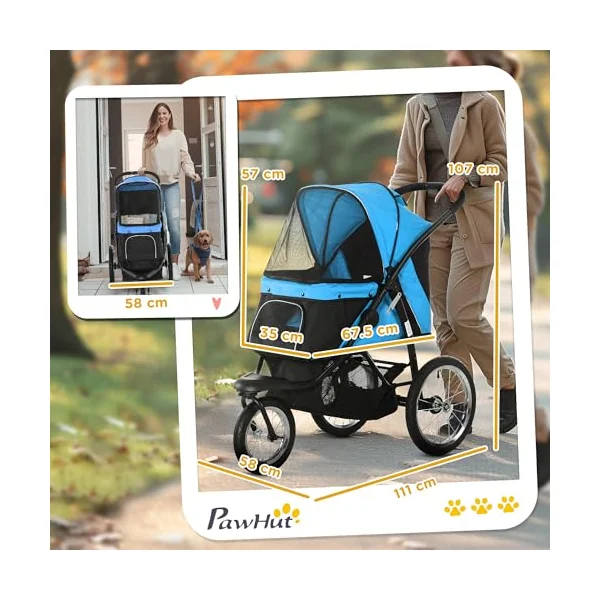 PawHut Dog Pram Dog Stroller Foldable for Medium, Small Breeds Blue | Jogger, Pet Pushchair, Rubber Wheels, Washable Cushion