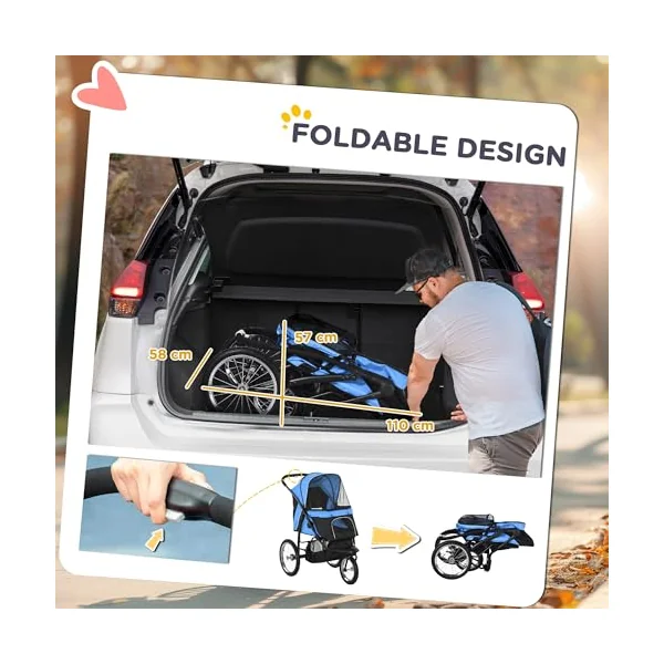 PawHut Dog Pram Dog Stroller Foldable for Medium, Small Breeds Blue | Jogger, Pet Pushchair, Rubber Wheels, Washable Cushion