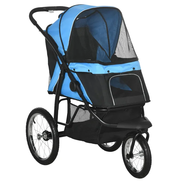 PawHut Dog Pram Dog Stroller Foldable for Medium, Small Breeds Blue | Jogger, Pet Pushchair, Rubber Wheels, Washable Cushion