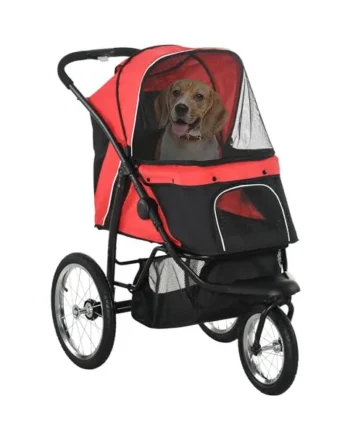 PawHut Dog Pram Dog Stroller Foldable for Medium, Small Breeds Red | Jogger, Pet Pushchair, Rubber Wheels, Washable Cushion