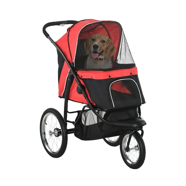 PawHut Dog Pram Dog Stroller Foldable for Medium, Small Breeds Red | Jogger, Pet Pushchair, Rubber Wheels, Washable Cushion