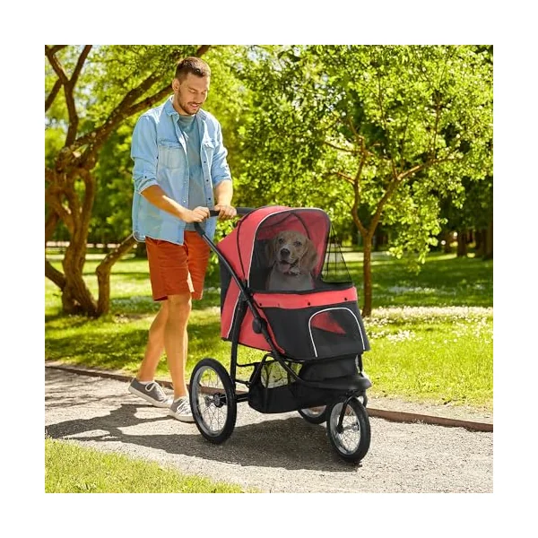 PawHut Dog Pram Dog Stroller Foldable for Medium, Small Breeds Red | Jogger, Pet Pushchair, Rubber Wheels, Washable Cushion