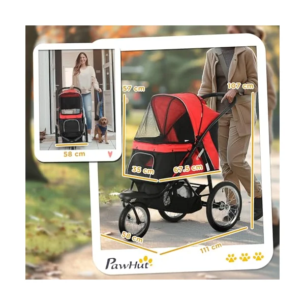 PawHut Dog Pram Dog Stroller Foldable for Medium, Small Breeds Red | Jogger, Pet Pushchair, Rubber Wheels, Washable Cushion