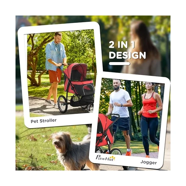PawHut Dog Pram Dog Stroller Foldable for Medium, Small Breeds Red | Jogger, Pet Pushchair, Rubber Wheels, Washable Cushion