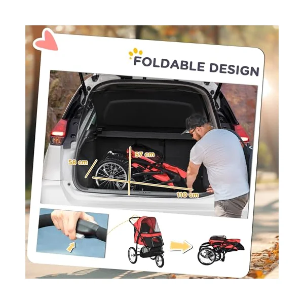 PawHut Dog Pram Dog Stroller Foldable for Medium, Small Breeds Red | Jogger, Pet Pushchair, Rubber Wheels, Washable Cushion