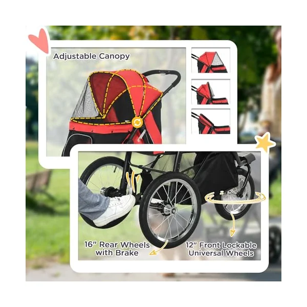 PawHut Dog Pram Dog Stroller Foldable for Medium, Small Breeds Red | Jogger, Pet Pushchair, Rubber Wheels, Washable Cushion